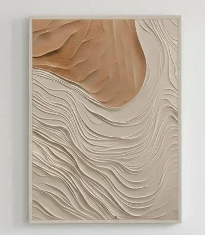 Textured abstract hand-painted canvas with layered wavy lines in cream and terracotta tones, contemporary living space