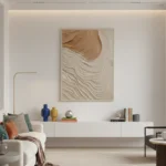 Textured abstract hand-painted canvas with layered cream and terracotta tones depicting flowing organic forms, contemporary living space