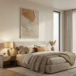Textured abstract hand-painted canvas with wavy linear patterns in cream and ochre tones, modern bedroom