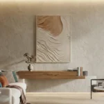 Textured abstract hand-painted canvas with layered cream and taupe wavy brushstrokes, contemporary living space