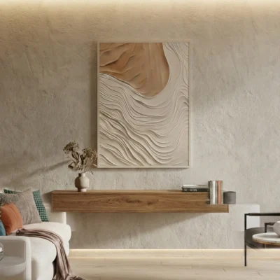 Textured abstract hand-painted canvas with layered cream and taupe wavy brushstrokes, contemporary living space