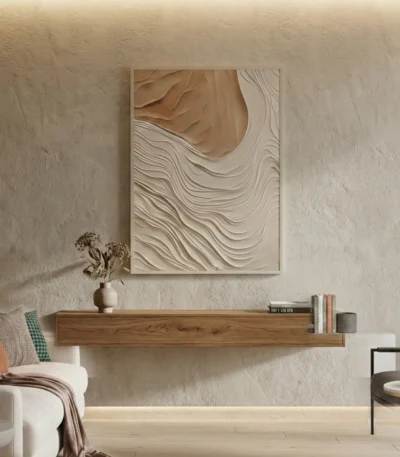 Textured abstract hand-painted canvas with layered cream and taupe wavy brushstrokes, contemporary living space