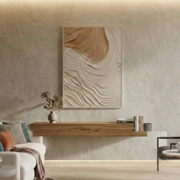 Textured abstract hand-painted canvas with layered cream and taupe wavy brushstrokes, contemporary living space