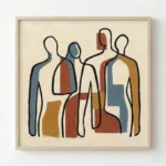 Minimalist hand-painted canvas depicting four abstract figures in blue, terracotta and ochre tones on cream background
