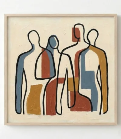 Minimalist hand-painted canvas depicting four abstract figures in blue, terracotta and ochre tones on cream background