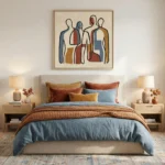 Contemporary figurative hand-painted canvas with abstracted human forms in rust, navy, gold, and cream tones, modern bedroom