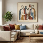 Contemporary abstract hand-painted canvas depicting stylized figures in rust, blue, ochre and cream tones, modern living space