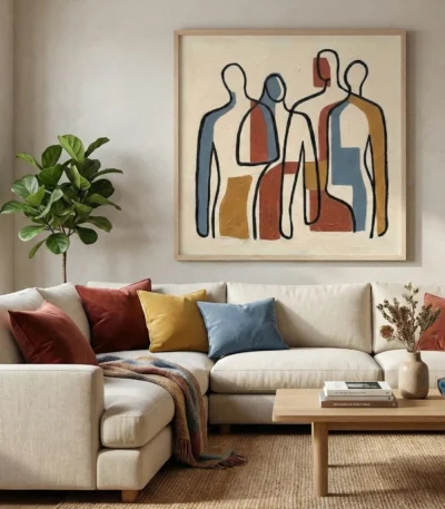 Contemporary abstract hand-painted canvas depicting stylized figures in rust, blue, ochre and cream tones, modern living space