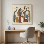 Contemporary hand-painted canvas depicting four abstracted figures in earth tones and muted blues, modern workspace