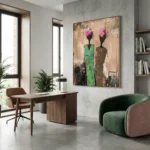 Gestural abstract hand-painted canvas featuring two figures with vibrant pink florals, muted earth tones and layered texture, contemporary office space