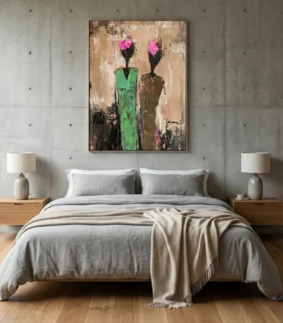 Contemporary abstract hand-painted canvas featuring two figures with vibrant pink floral heads in green and brown tones, modern bedroom