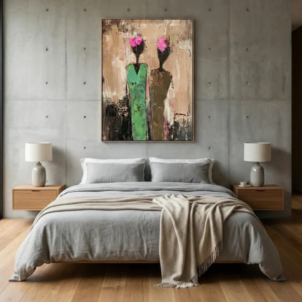 Contemporary abstract hand-painted canvas featuring two figures with vibrant pink floral heads in green and brown tones, modern bedroom