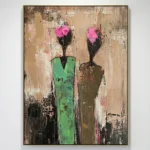 Contemporary abstract hand-painted canvas depicting two figures with vibrant pink floral heads in muted earth and black tones