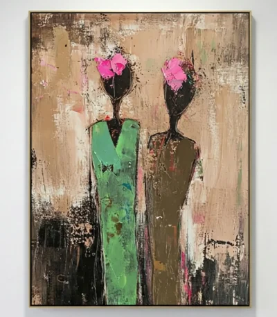 Contemporary abstract hand-painted canvas depicting two figures with vibrant pink floral heads in muted earth and black tones