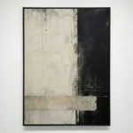 Minimalist abstract hand-painted canvas with layered cream, grey and black tones creating architectural depth
