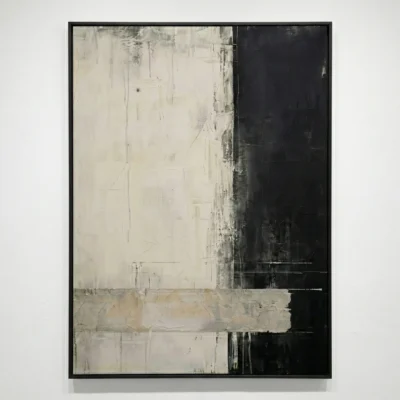 Minimalist abstract hand-painted canvas with layered cream, grey and black tones creating architectural depth