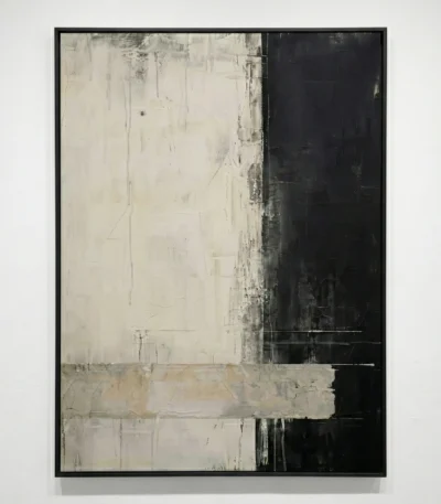 Minimalist abstract hand-painted canvas with layered cream, grey and black tones creating architectural depth