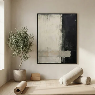 Minimalist abstract hand-painted canvas with gestural black and cream brushstrokes, layered in muted tones, contemporary space