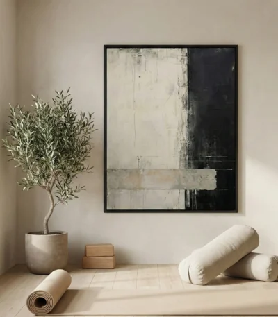 Minimalist abstract hand-painted canvas with gestural black and cream brushstrokes, layered in muted tones, contemporary space