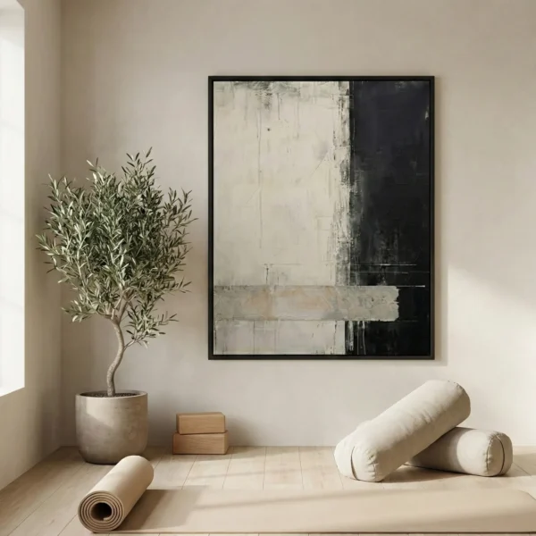 Minimalist abstract hand-painted canvas with gestural black and cream brushstrokes, layered in muted tones, contemporary space