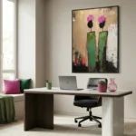 Contemporary figurative hand-painted canvas with magenta florals, green stems, and textured neutral background, modern workspace