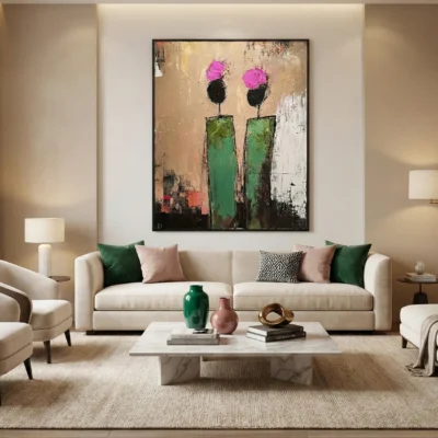 Contemporary abstract hand-painted canvas depicting two stylized figures with magenta heads and green bodies, textured earth tones, modern living space