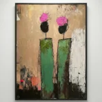 Contemporary abstract hand-painted canvas featuring two stylized figures with magenta heads, black bodies, and green stems in muted earth tones