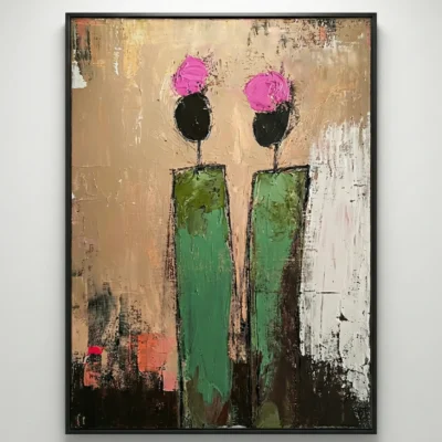 Contemporary abstract hand-painted canvas featuring two stylized figures with magenta heads, black bodies, and green stems in muted earth tones
