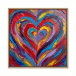 Gestural abstract hand-painted canvas with concentric heart motif in vibrant red, blue, yellow, and purple brushstrokes