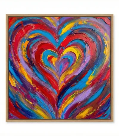 Gestural abstract hand-painted canvas with concentric heart motif in vibrant red, blue, yellow, and purple brushstrokes
