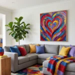Gestural abstract expressionist hand-painted canvas with vibrant heart motif in red, blue, yellow and purple brushstrokes, contemporary living space