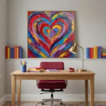 Gestural abstract expressionist hand-painted canvas with swirling heart motif in vibrant red, blue, yellow, and purple brushstrokes, modern office workspace
