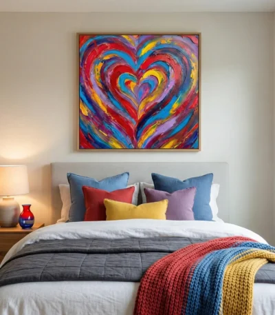 Gestural abstract expressionist hand-painted canvas with concentric heart motif in vibrant red, blue, yellow, and purple brushstrokes, modern bedroom
