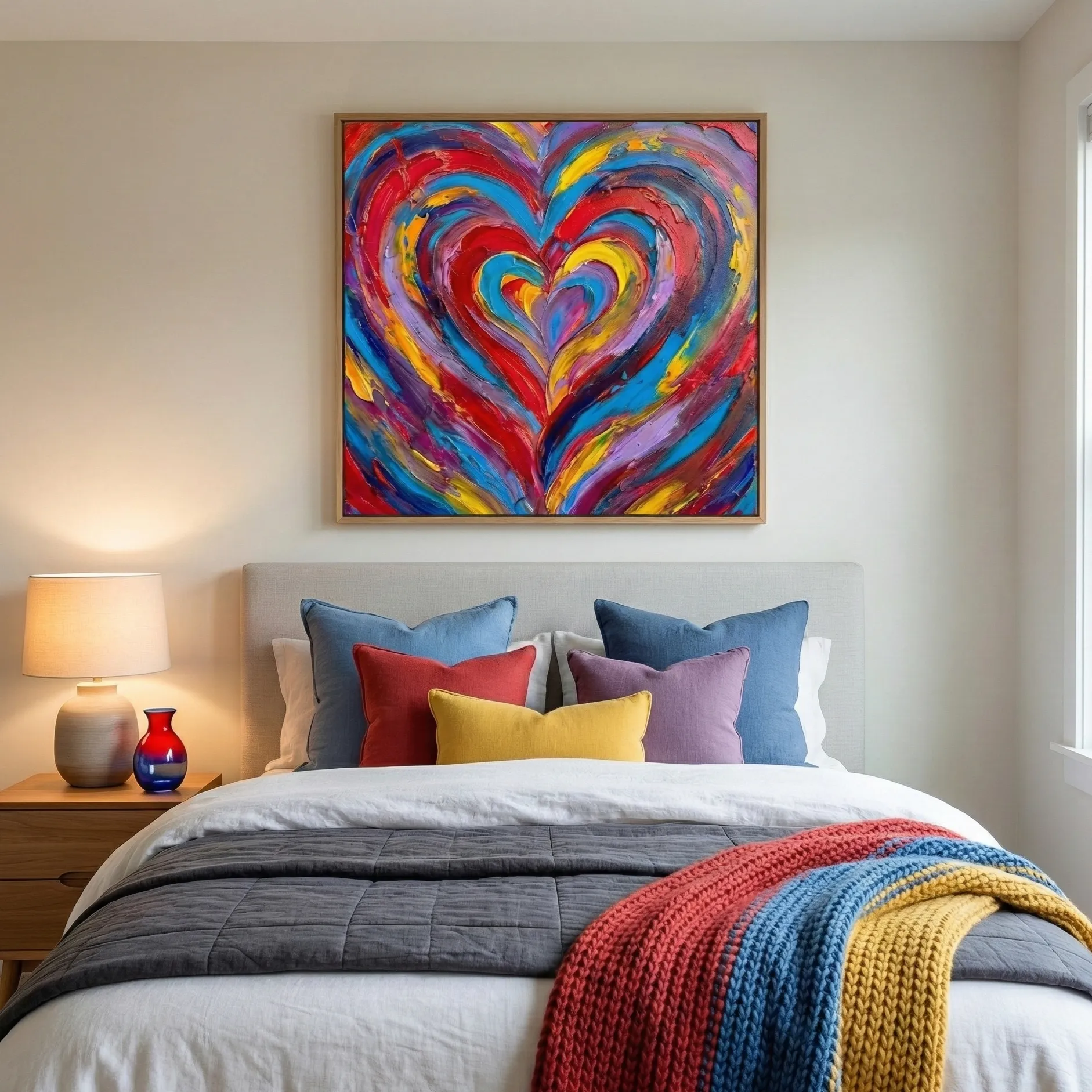 Textured Embrace Impasto heart, concentric colorful swirls abstract art (5) Gestural abstract expressionist hand-painted canvas with concentric heart motif in vibrant red, blue, yellow, and purple brushstrokes, modern bedroom