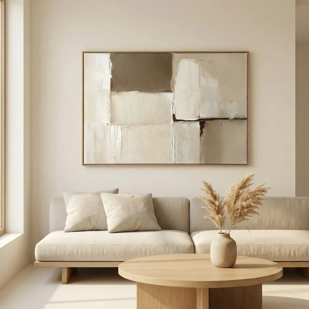 Minimalist abstract hand-painted canvas in cream and taupe with gestural brushstrokes and layered composition, contemporary living space