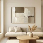 Minimalist abstract hand-painted canvas in cream and taupe with gestural brushstrokes and layered composition, contemporary living space