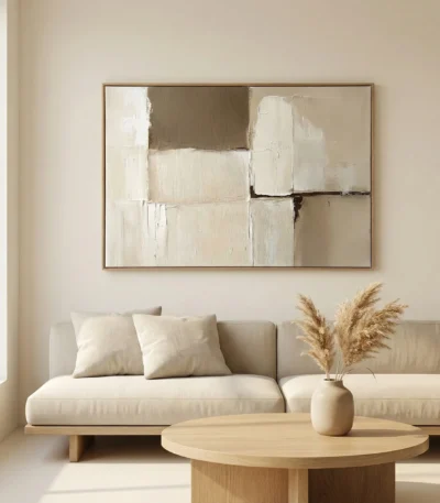 Minimalist abstract hand-painted canvas in cream and taupe with gestural brushstrokes and layered composition, contemporary living space