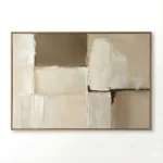 Layered abstract hand-painted canvas in cream, taupe, and soft grey with gestural brushwork and textural depth, contemporary living space