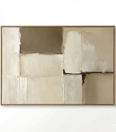 Layered abstract hand-painted canvas in cream, taupe, and soft grey with gestural brushwork and textural depth, contemporary living space