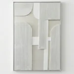 Minimalist hand-painted canvas with geometric shapes, corrugated texture, and soft neutral palette of cream, white, and grey