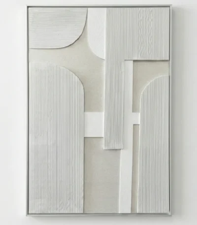 Minimalist hand-painted canvas with geometric shapes, corrugated texture, and soft neutral palette of cream, white, and grey