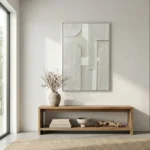 Minimalist abstract hand-painted canvas with geometric forms and linear texture in cream and ivory tones, modern entryway
