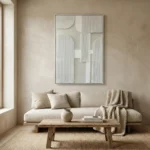 Minimalist abstract hand-painted canvas with vertical ribbed textures and geometric forms in cream and white, contemporary living space