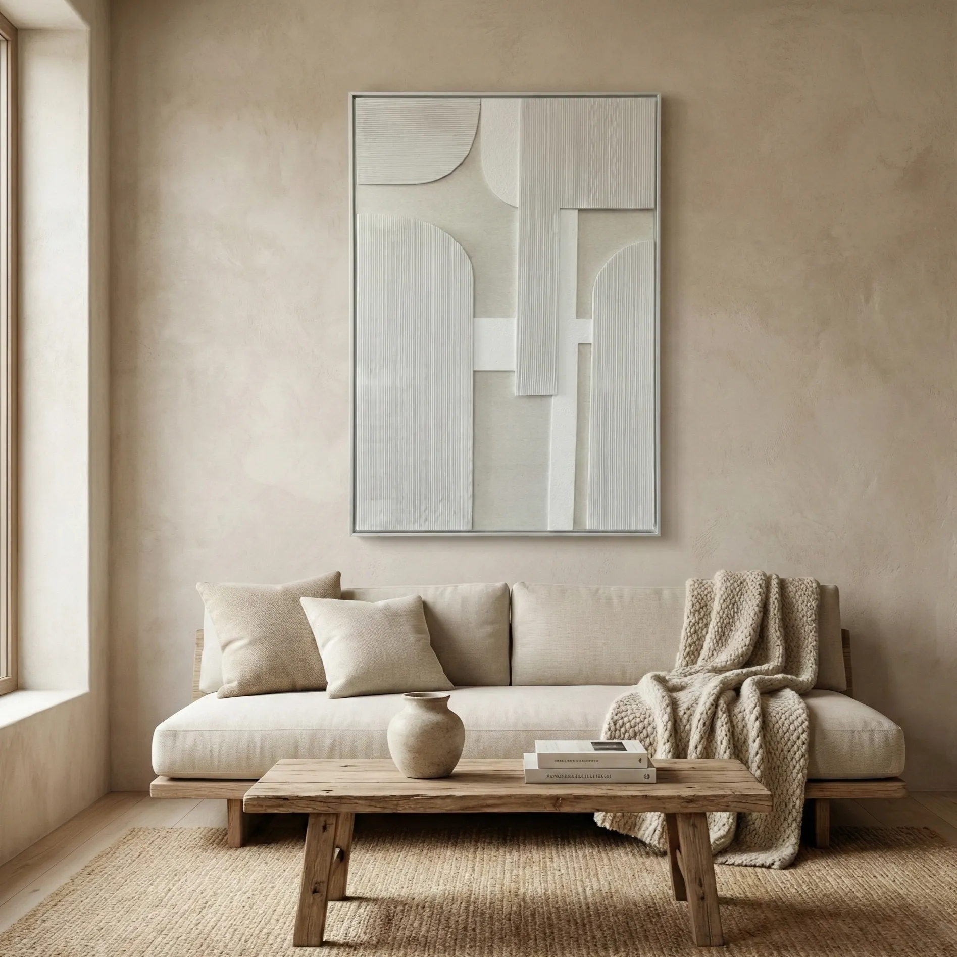 Textured Layers – White Geometric Wall Art, wabi sabi art (4) Minimalist abstract hand-painted canvas with vertical ribbed textures and geometric forms in cream and white, contemporary living space