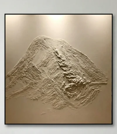 Textured abstract hand-painted canvas with layered cream and beige tones, organic sculptural forms, contemporary wall art