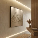 Textured abstract hand-painted canvas depicting layered mountain peaks in monochromatic cream and beige tones, contemporary interior