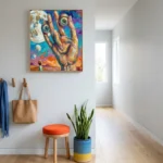 Gestural expressionist hand-painted canvas featuring oversized hands with luminous eyes and cosmic landscape, vibrant turquoise purple orange palette, modern entryway