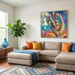 Expressionist hand-painted canvas depicting surreal cosmic landscape with oversized hand and glowing eyes in vibrant blues, purples, oranges, contemporary living space