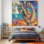Expressionist hand-painted canvas featuring gestural cosmic figure with piercing eyes in vibrant turquoise, purple, and gold tones, children's bedroom