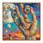 Gestural expressionist hand-painted canvas depicting a figure gazing at oversized cosmic owl under swirling stars, vibrant turquoise purple gold palette